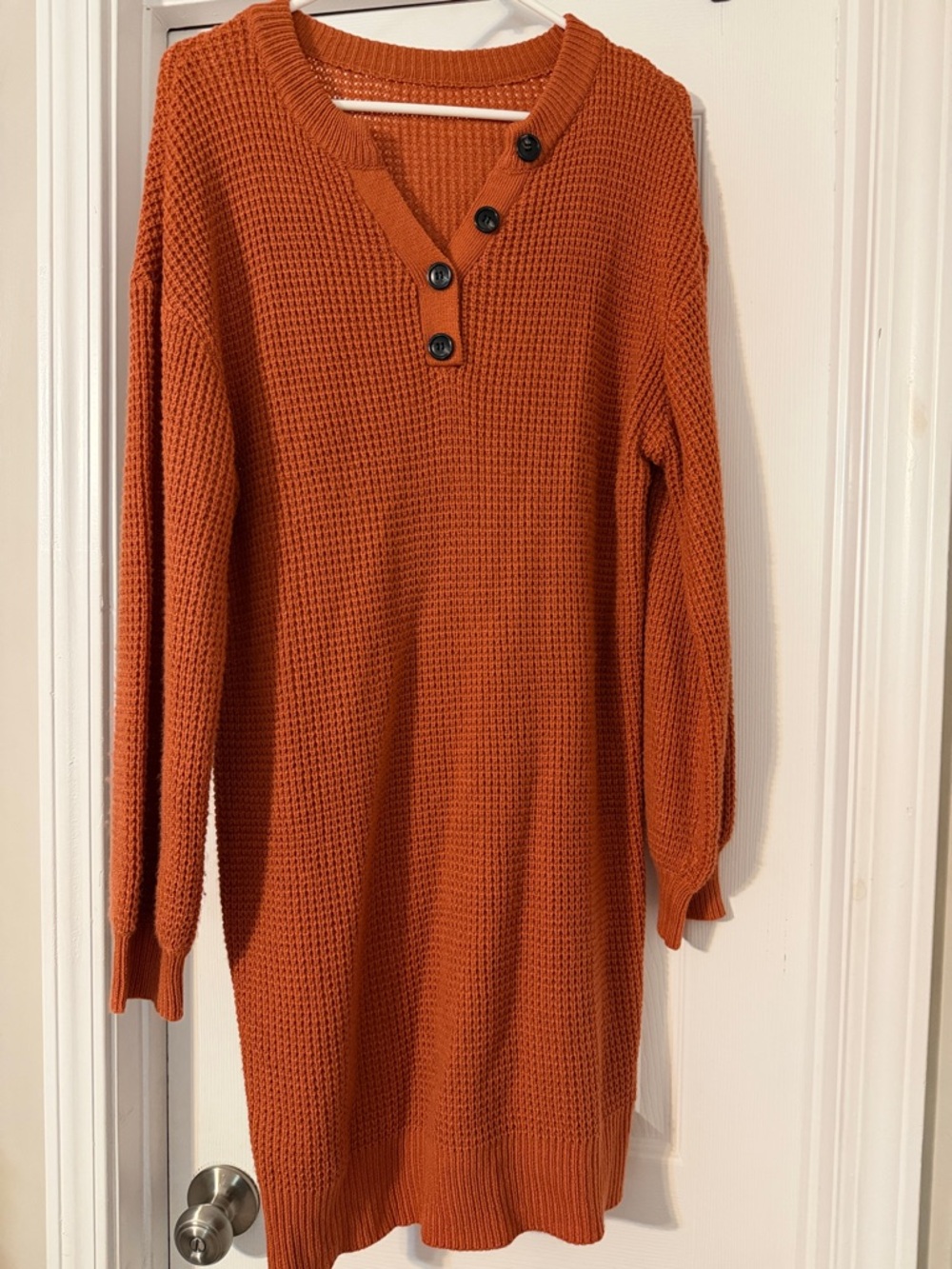 Women's Button Henley Waffle Knit Sweater Dress - Rust